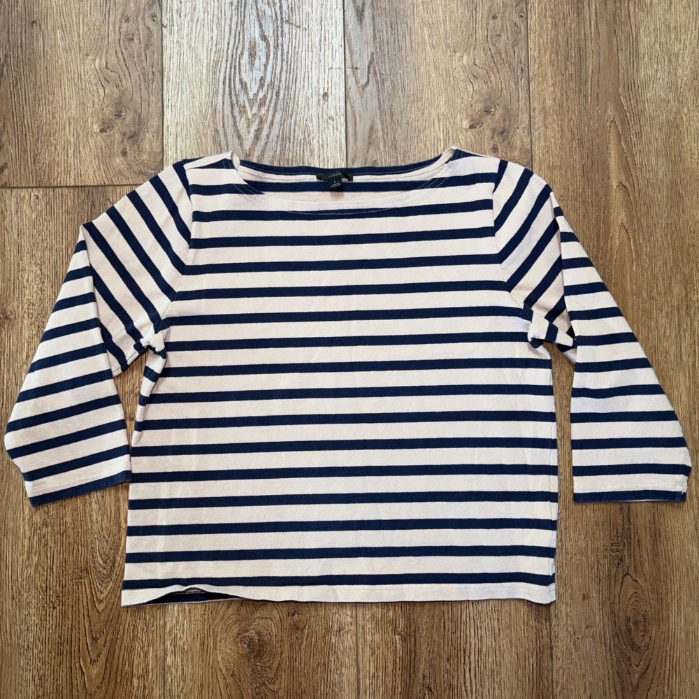 J Crew Striped Boatneck Shirt Navy Blue Light Brown 3/4 Sleeve Cotton Top L Fall